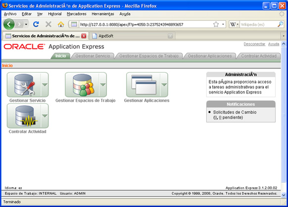 Instalación de APEX 3.2 en Oracle XE - Ventana de administración de APEX