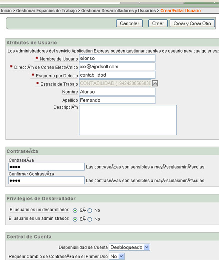 Mi primera aplicación en APEX - Datos del usuario del espacio de trabajo