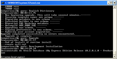 Instalación de APEX 3.2 en Oracle XE - Mensajes de información tras la ejecución del script de instalación de APEX