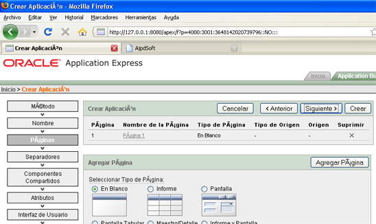 Creación de páginas para la aplicación APEX