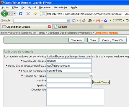 Mi primera aplicación en APEX - Alta de usuarios para Espacio de Trabajo