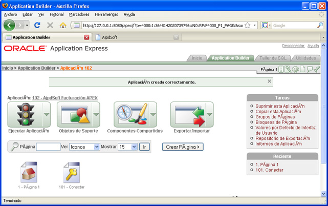 Panel de control de la aplicación APEX creada