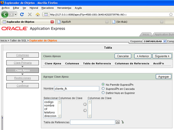 Crear tabla para la aplicación APEX - Selección de claves foráneas