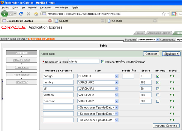 Crear tabla para la aplicación APEX - Selección de campos de la tabla