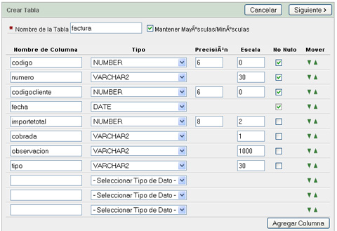 Crear tabla para la aplicación APEX