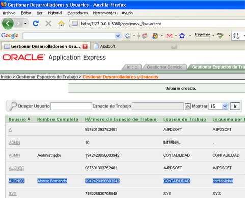 Mi primera aplicación en APEX - Listado de usuarios de los espacios de trabajo