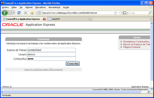 Inicio de sesión en APEX para crear aplicación con Oracle Application Express